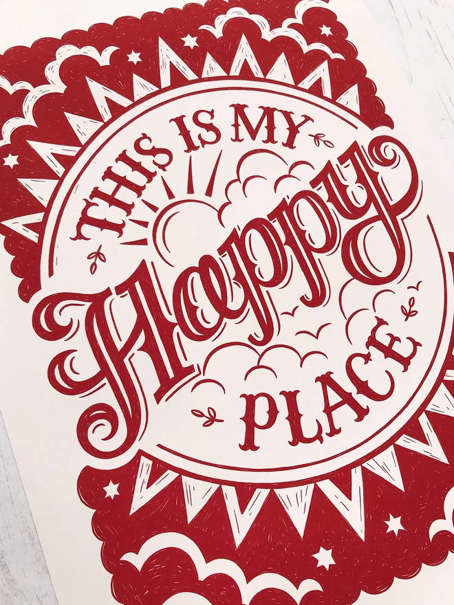 happy place print in red detail