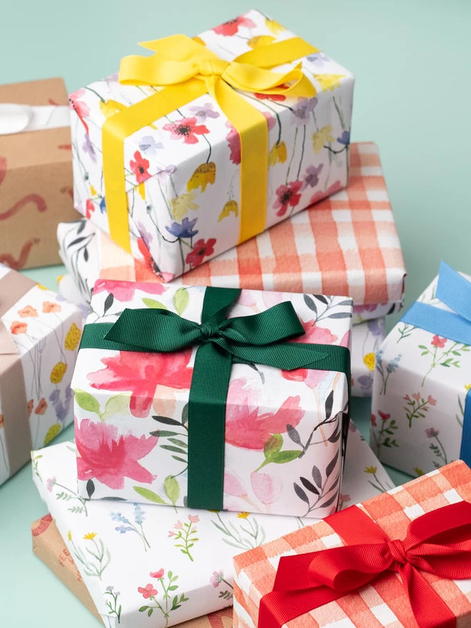 A selection of gifts wrapped in Ruby & Bo recycled wrapping paper