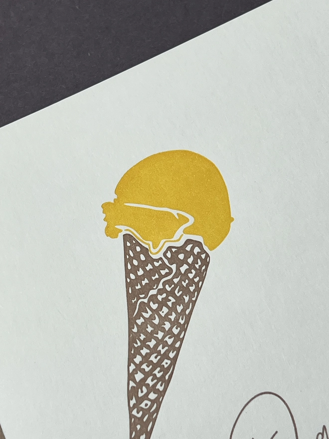 Close up of a letterpress card illustrated with Daddy Cool and an ice cream cone