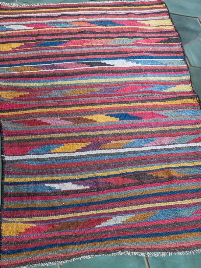 Wool vintage kilim striped rug, woven in bright colours
