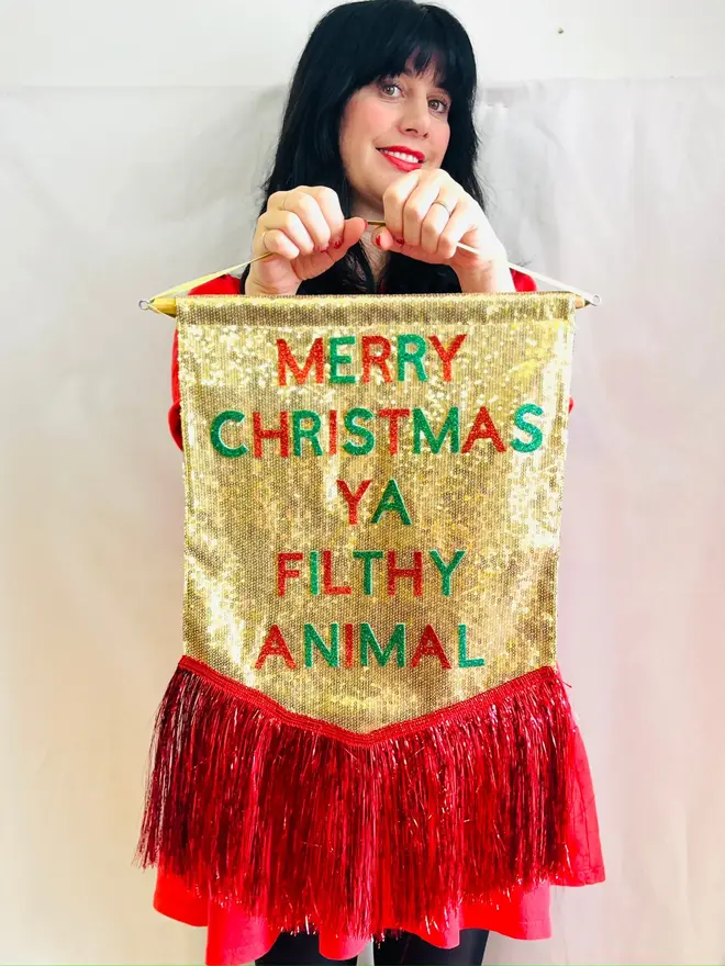 merry christmas ya filthy animal sequinned banner