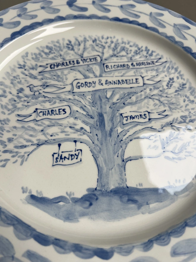Close up of kilned family plate with family names and the dog 