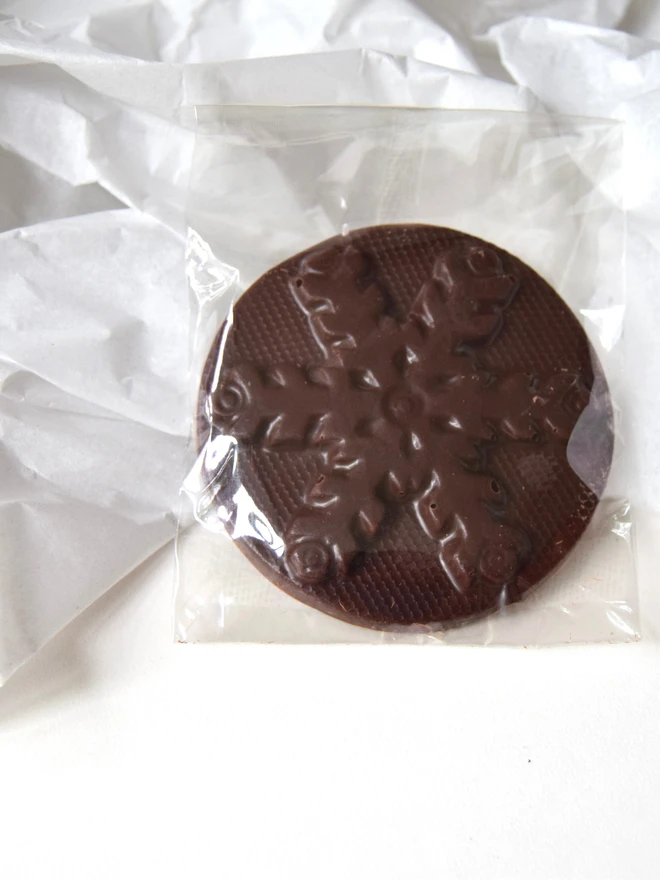 Calm Christmas handmade vegan-friendly dark chocolate snowflake