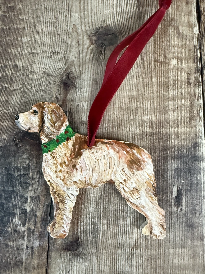  Hand painted Brittany Spaniel Dog Christmas decoration with red ribbon to hang 