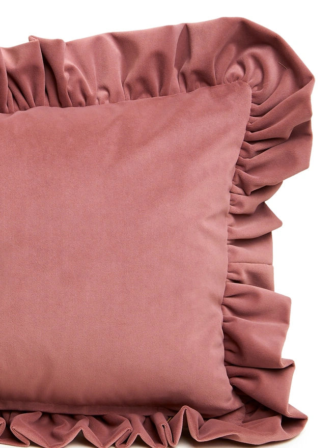 Kika Bespoke ruffled velvet cushion ruffle detail in dusky pink.