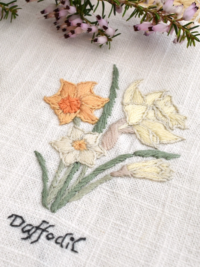 Floral Botanical embroidery kit of Daffodils or Narcissus a symbol for March and 10th wedding anniversary.  Meaning You’re the only one, Chivalry, Re-birth, Honesty and Forgiveness.