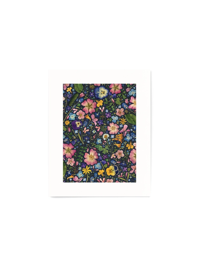 10x8” Floral Print of Pressed Flowers arranged on a dark ink background.