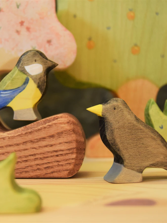 Handmade ecofriendly wooden toy figurines, great tit and blackbird figures made by hand by Eric and Albert made in Wales, UK