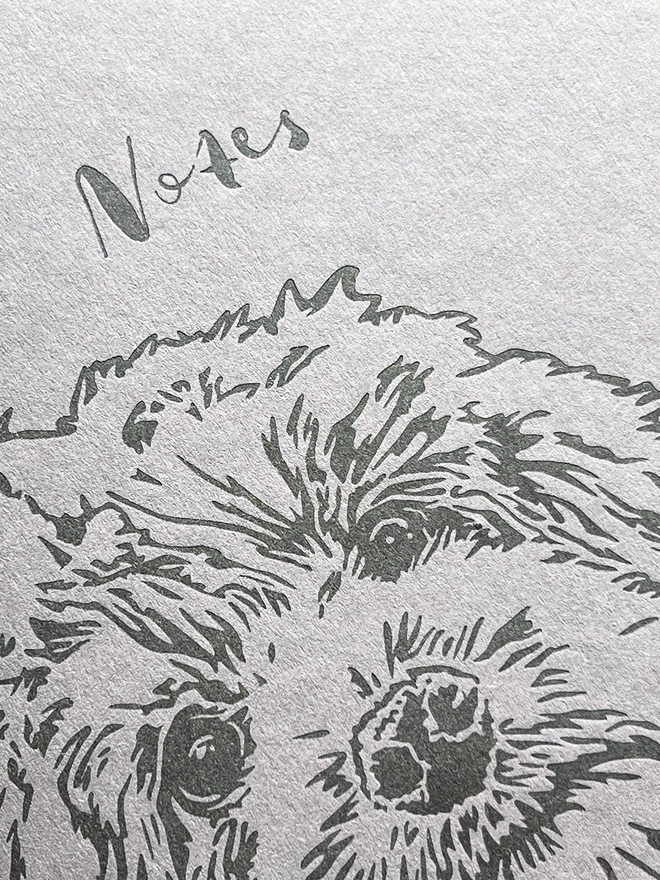 Close up of the Cockapoo's face with the word Note's above their head.