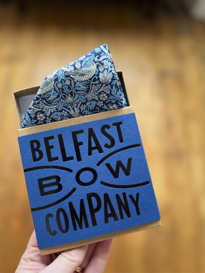 Strawberry Thief Pocket Square in Navy handmade by the Belfast Bow Company