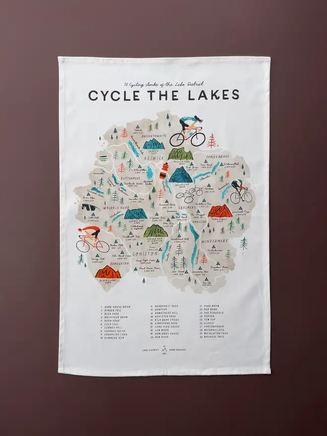 cycle lake district map tea towel