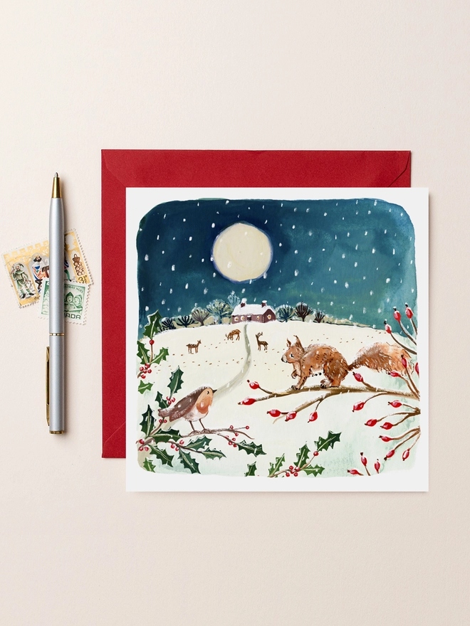 Squirrel and Robin Blank Christmas Card