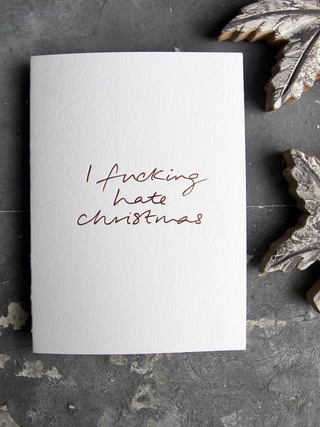 hate christmas white card metallic script