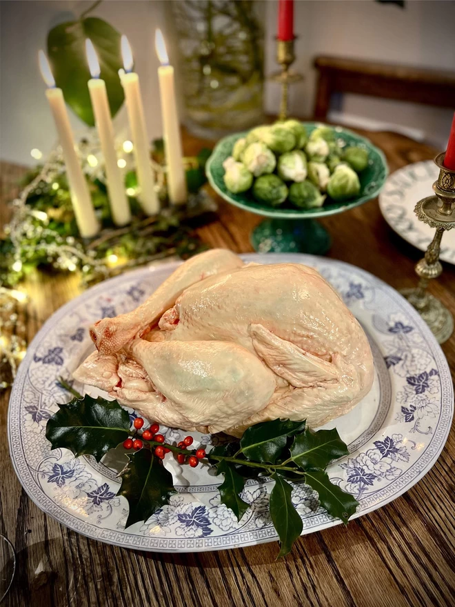 Realistic edible white chocolate raw turkey on a table with Christmas decoration