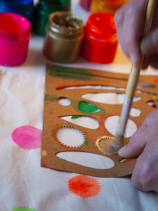 Close up shot of stencilling onto cloth