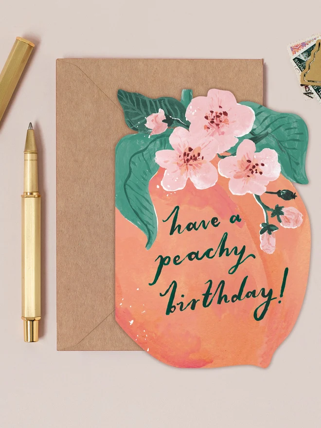 Peachy Birthday Card by Sister Paper Co with a kraft envelope