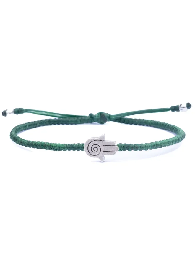 green cord silver hamsa bracelet