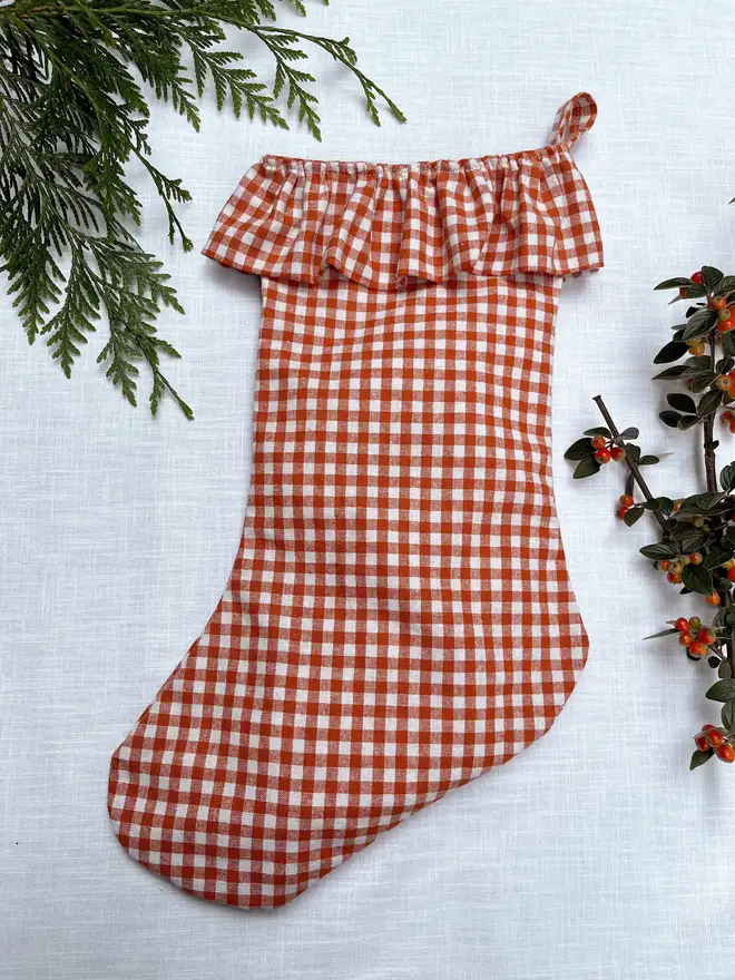 red gingham linen christmas stocking 