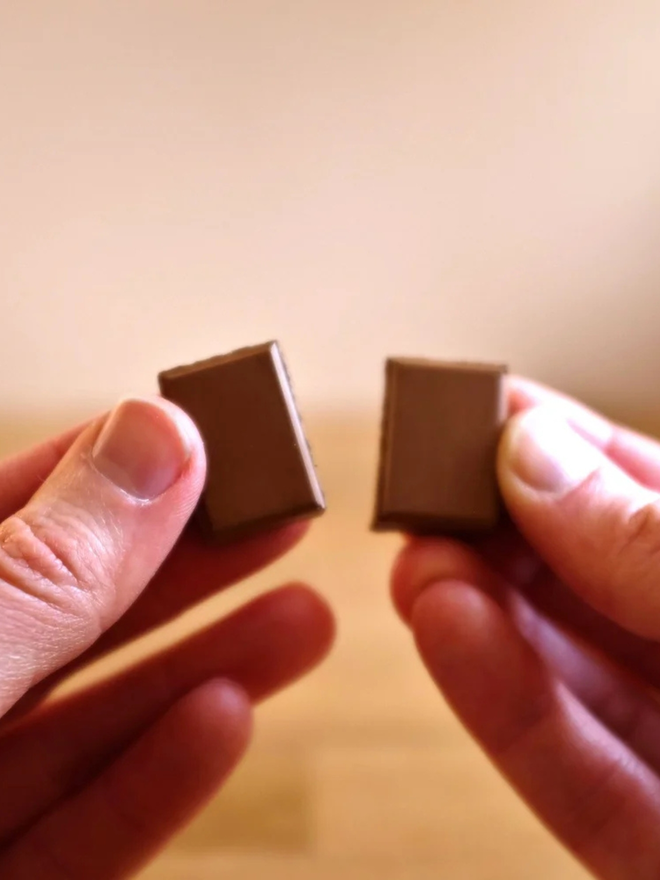 ceramic chocolate magets. a milk chocolate magnet photographed up close.