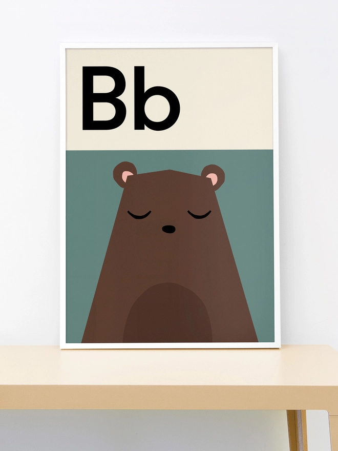 framed illustrated bear wall print with letters Bb