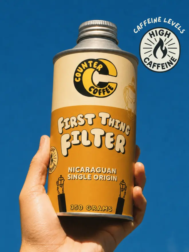 First Thing Filter. A tin of coffee from Counter Coffee.