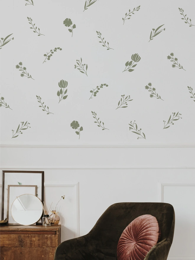 botanical bloom wall stickers in green  on a hallway wall