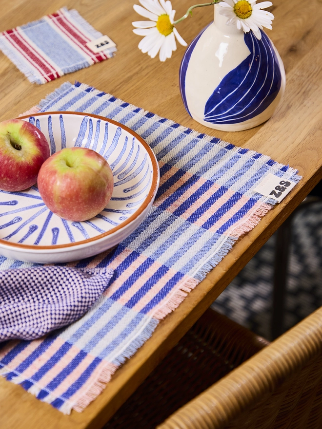 Blue Raspberry Coaster. Blueberry Pie Placemat in foreground, and blue and red coaster in background.