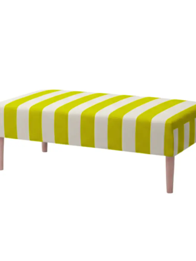 Hand Painted Upholstered Striped Linen Coffee Table Ottoman, neon yellow coffee table sitting against a white backdrop. 
