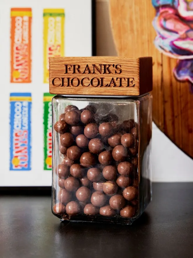 Personalised oak chocolate jar