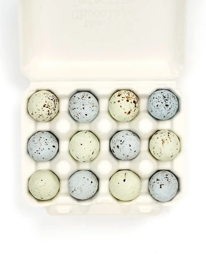 Wren Eggs (Box Of 12), a box of chocolate wren eggs sitting on a white surface opened to show the eggs within. 