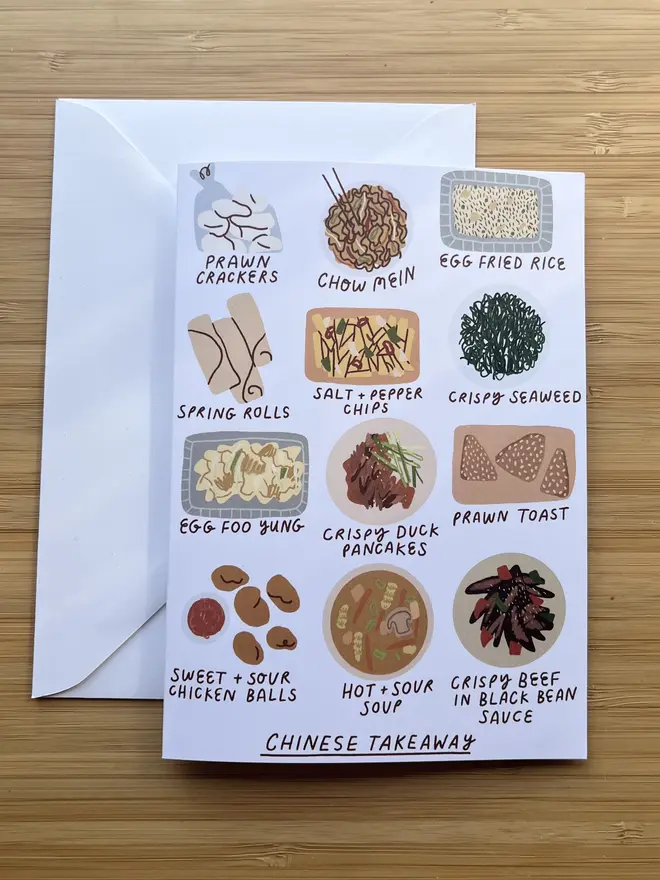 Greetings card with illustrations of Chinese takeaway foods