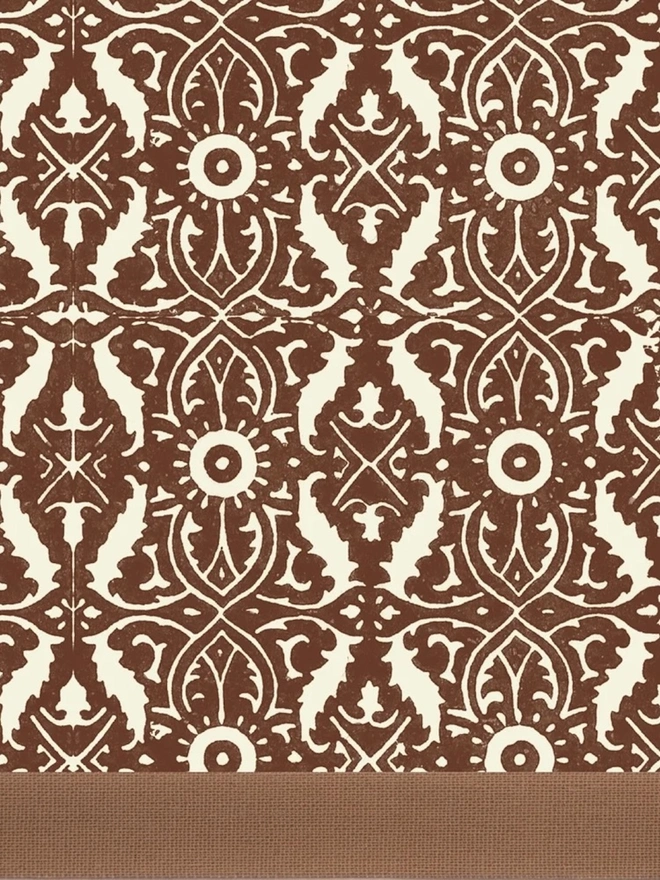 Retro Drum Lampshade. Close-up of a hand block printed lampshade showing a bold repeating geometric pattern. The colourful printed design and neat trim bring character and a handcrafted finish to any lamp.