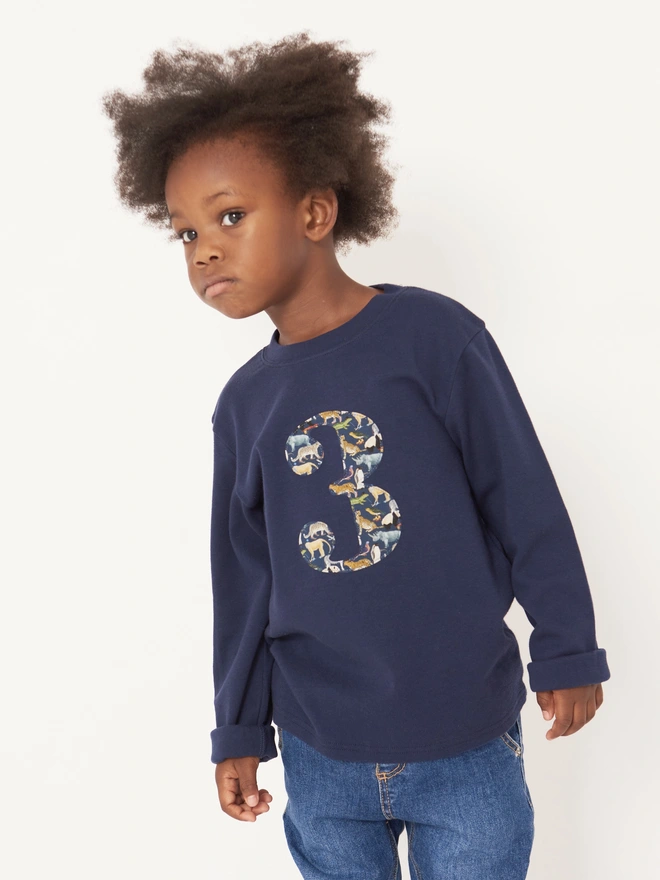 a 3 year old  boy wearing a navy birthday t-shirt with a zoo animal print number 3 on the front