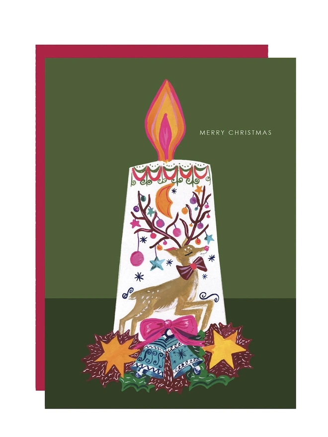 'Merry Christmas', Candle Reindeer Christmas Card