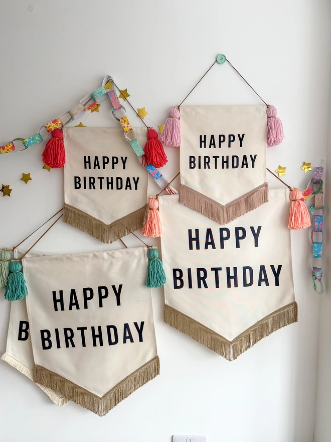 Small Handmade fabric Happy Birthday Banner with a choice of coloured tassels and trim