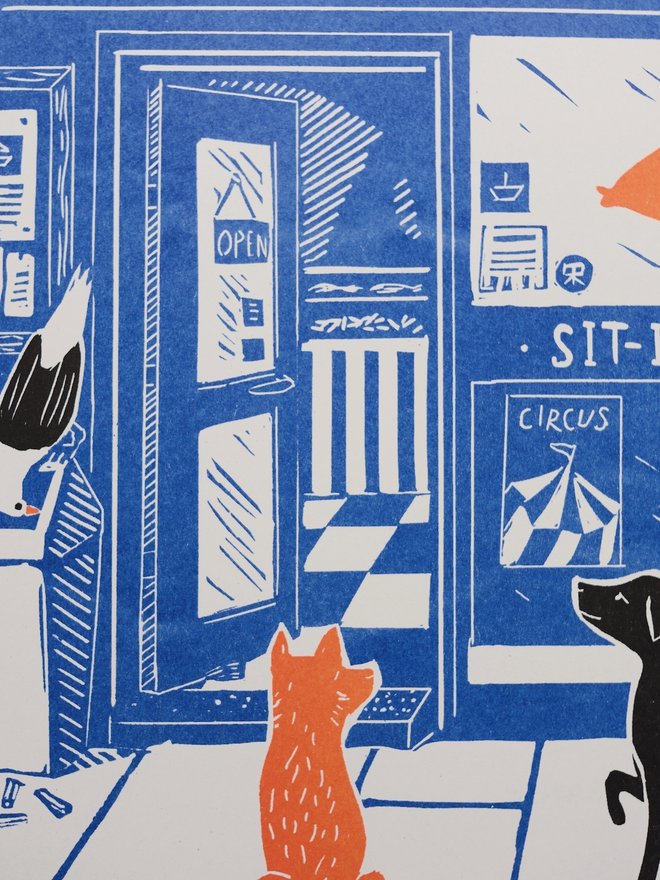 A blue, orange and black print of a fish and chip shop called Atlantis, outside there are waiting 2 dogs, a cat and some seagulls