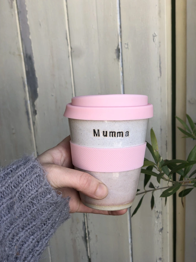 pink personalised ceramic travel mug