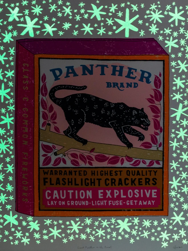 Panther Firecracker Screenprint Giant Panther On The Prow, a white screenprint with a colourful panther box design in the centre. The image shows the glow in the dark stars surrounding it. 