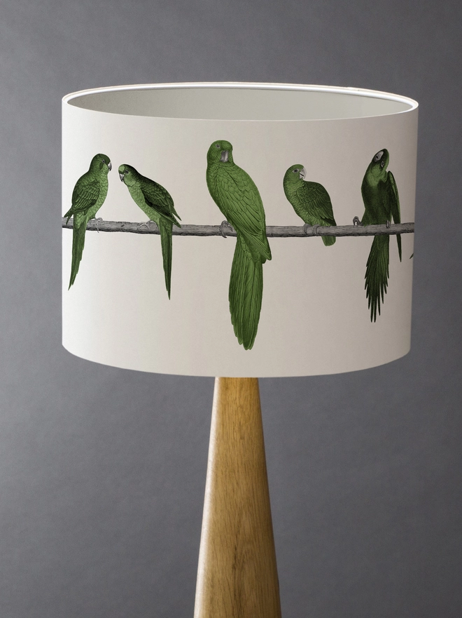 Drum Lampshade featuring Green Parrots on a wooden base 