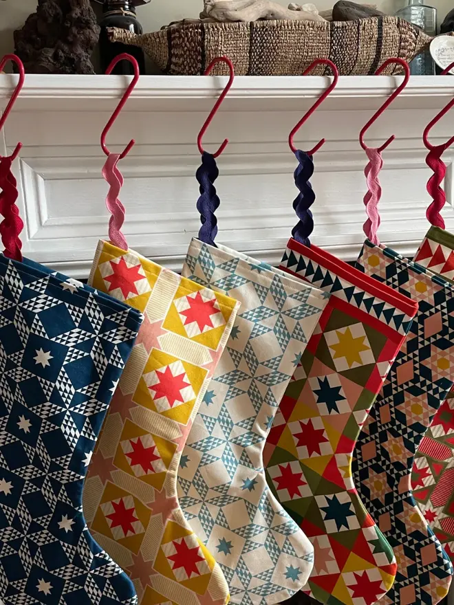Clara Organic Printed Stocking, hanging.