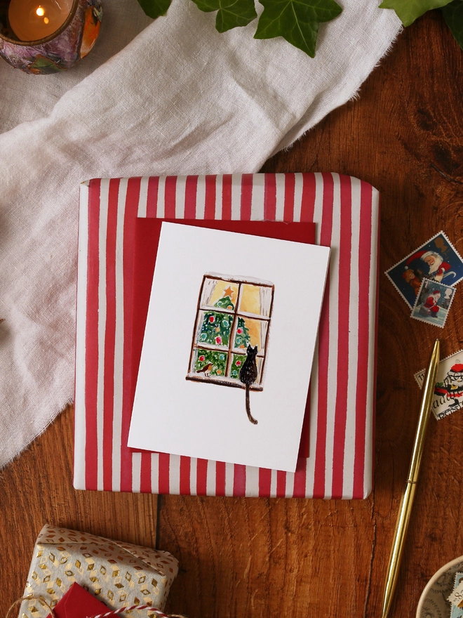 Winter Window Cat and Robin Mini Christmas Card