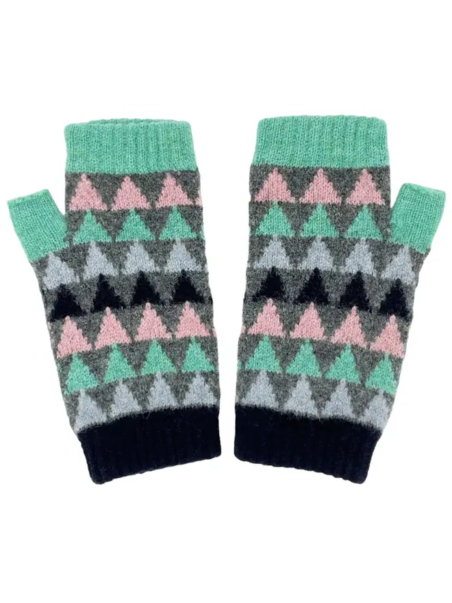 Women's Grey & Mint Triangle Lambswool Wrist Warmers, a pair of colourful wrist warmers sitting on a plain white surface. 