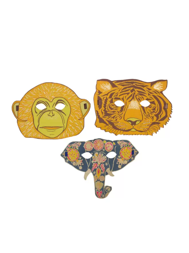 Full shot of image of 3 new masks including elephant, tiger and monkey