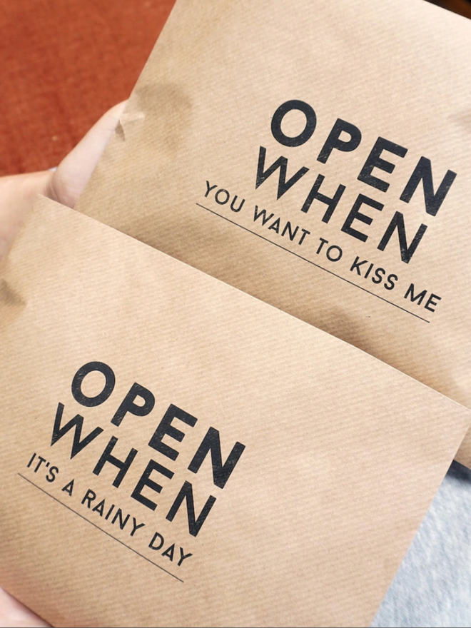 Open When… Long Distance Gift. A selection of envelopes showing possible choices.