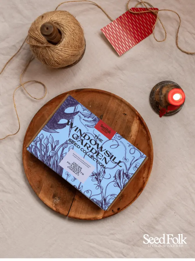 The Windowsill Garden Seed Collection. Beautiful box illustrated with light and dark blue botanical prints, photographed on a wooden tray. 