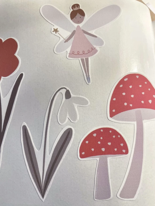 Fairy, Snow drop and Toadstool wall stickers close up