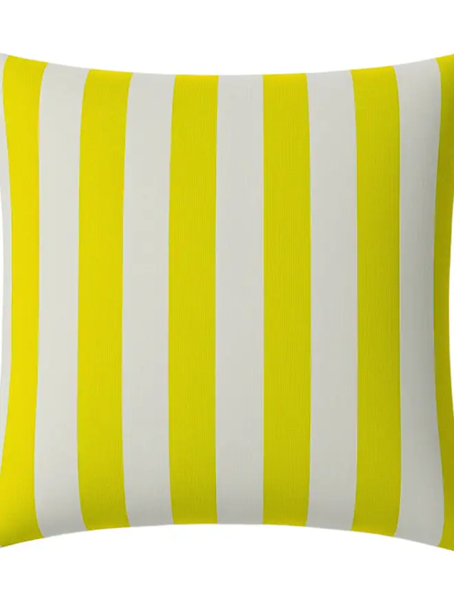 Hand Painted Sustainable Linen Cushion In Stripe Print, a neon yellow striped cushion against a white background. 
