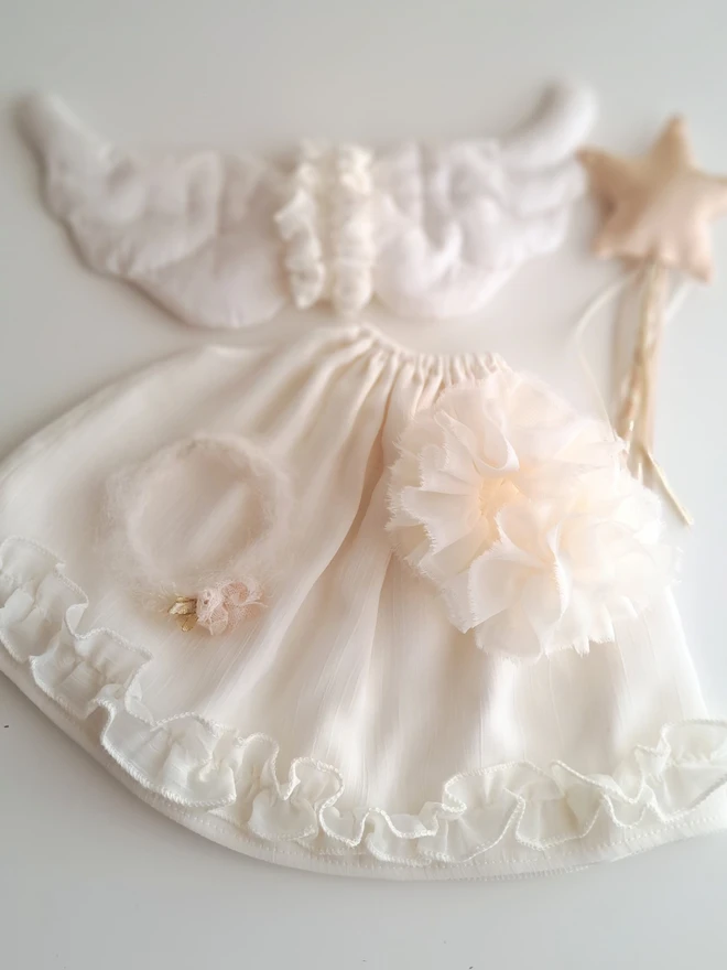 Removable angel bunny clothing including ivory chiffon dress, hand-quilted satin wings and satin star wand for Veronica Bunny