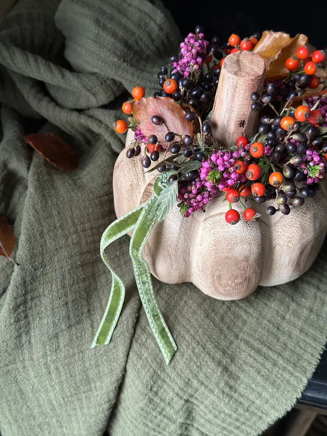 Carved Mango Wood Pumpkin with Heather and Berry Crown