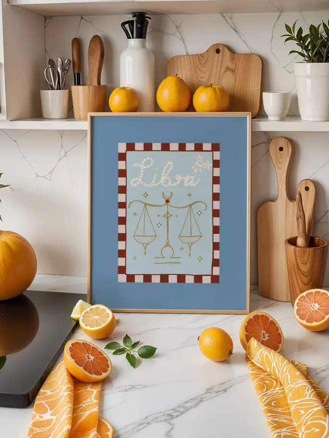 Libra digital print in frame zodiac star sign print blue with striped border 